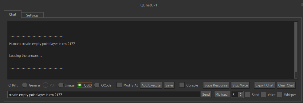 okno czatu QChatGPT w trybie QGIS z poleceniem utworzenia warstwy punktowej w EPSG:2177