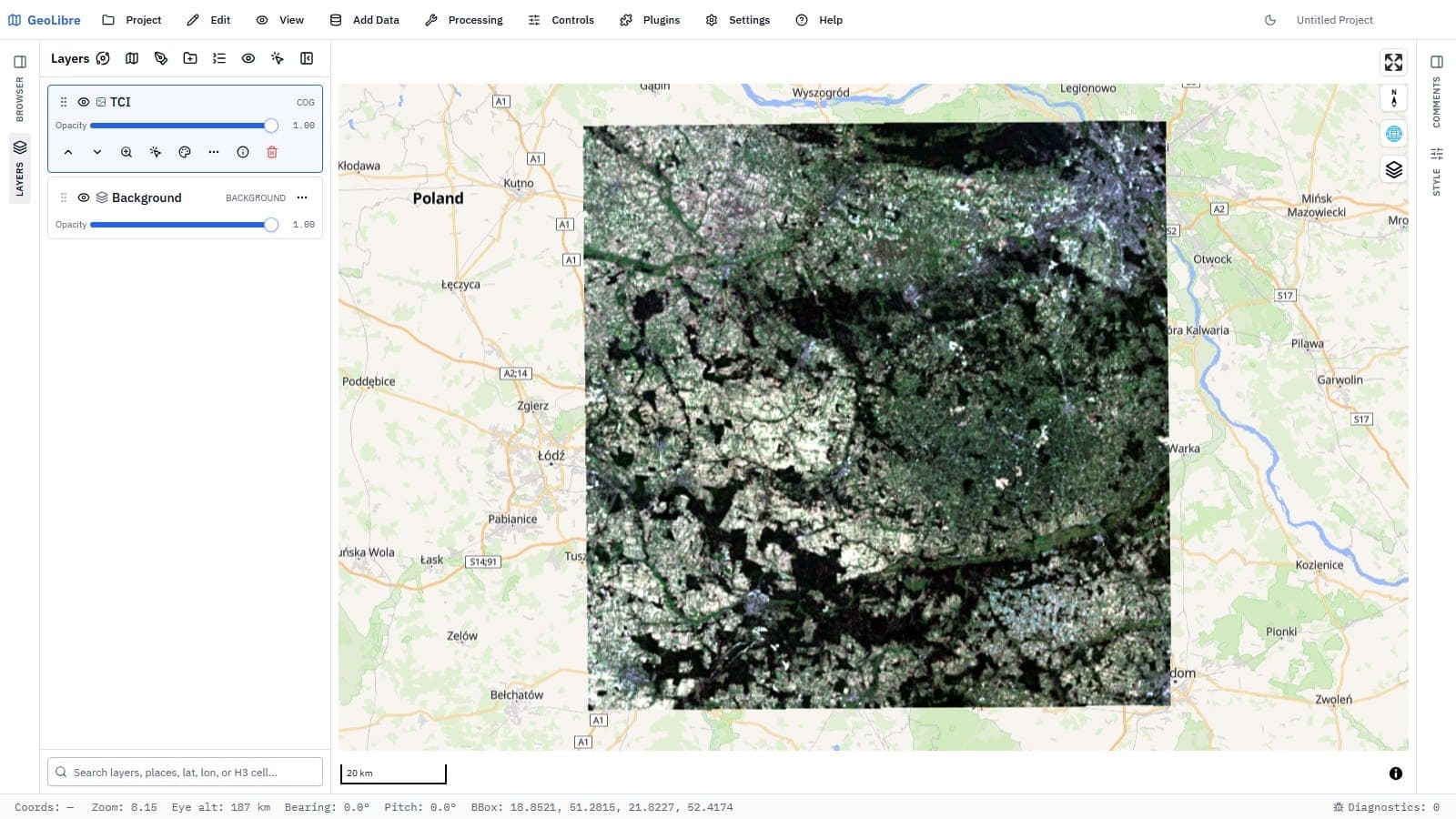 scena Sentinel-2 nad centralną Polską wczytana w GeoLibre jako COG prosto z AWS - zrzut z przeglądarki