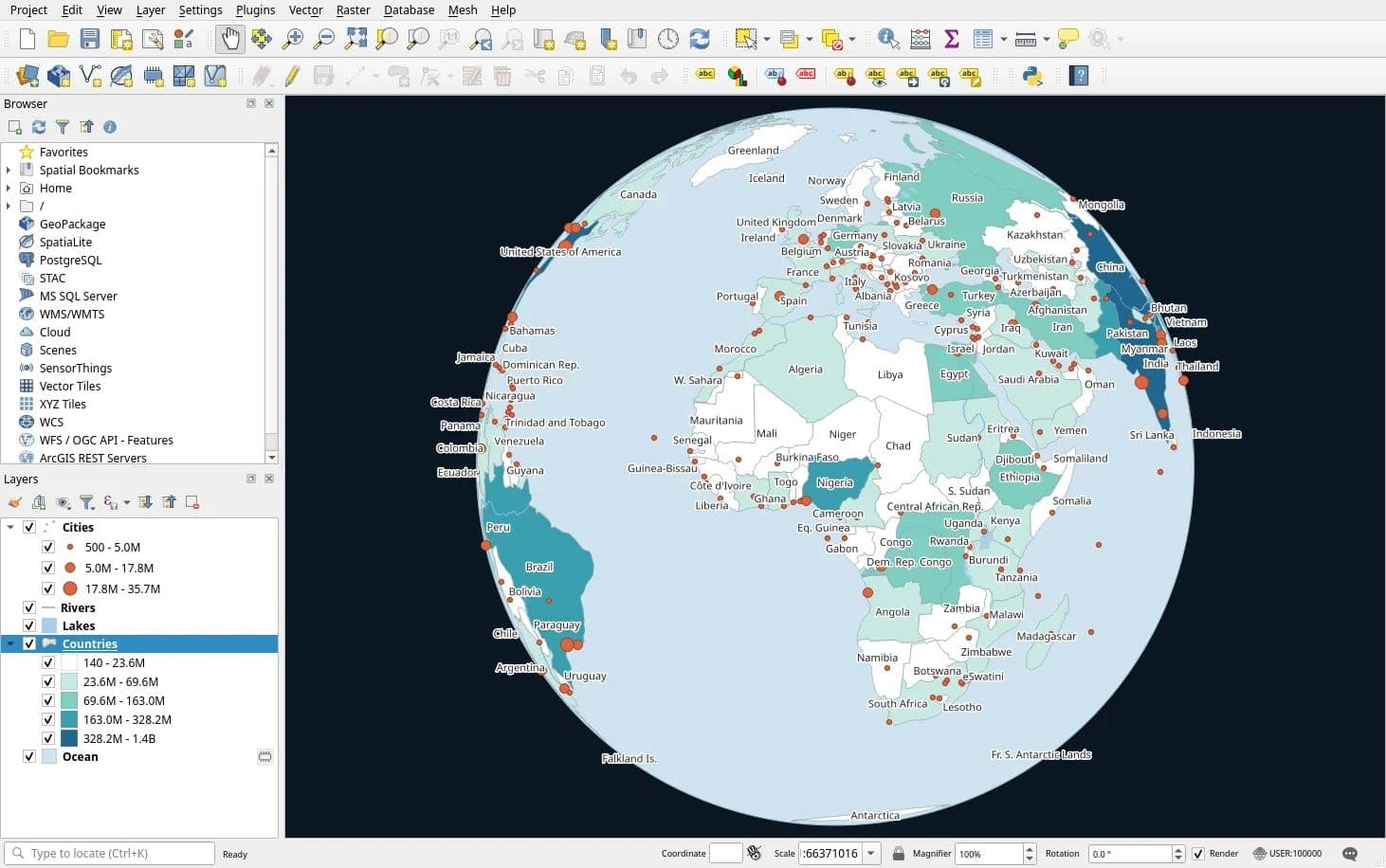 QGIS z tymi samymi danymi World Atlas na globusie ortograficznym: paski narzędzi oraz panele Browser i Layers - źródło: strona porównania rustgis.app